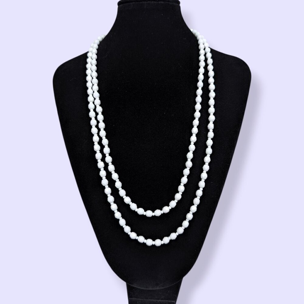 Vintage Faceted Milk Glass Long Necklace